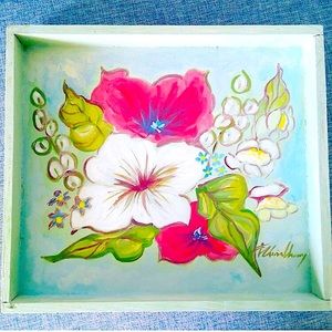 BEAUTIFUL HAND PAINTED  TROPICAL FLOWERS WOOD TRAY